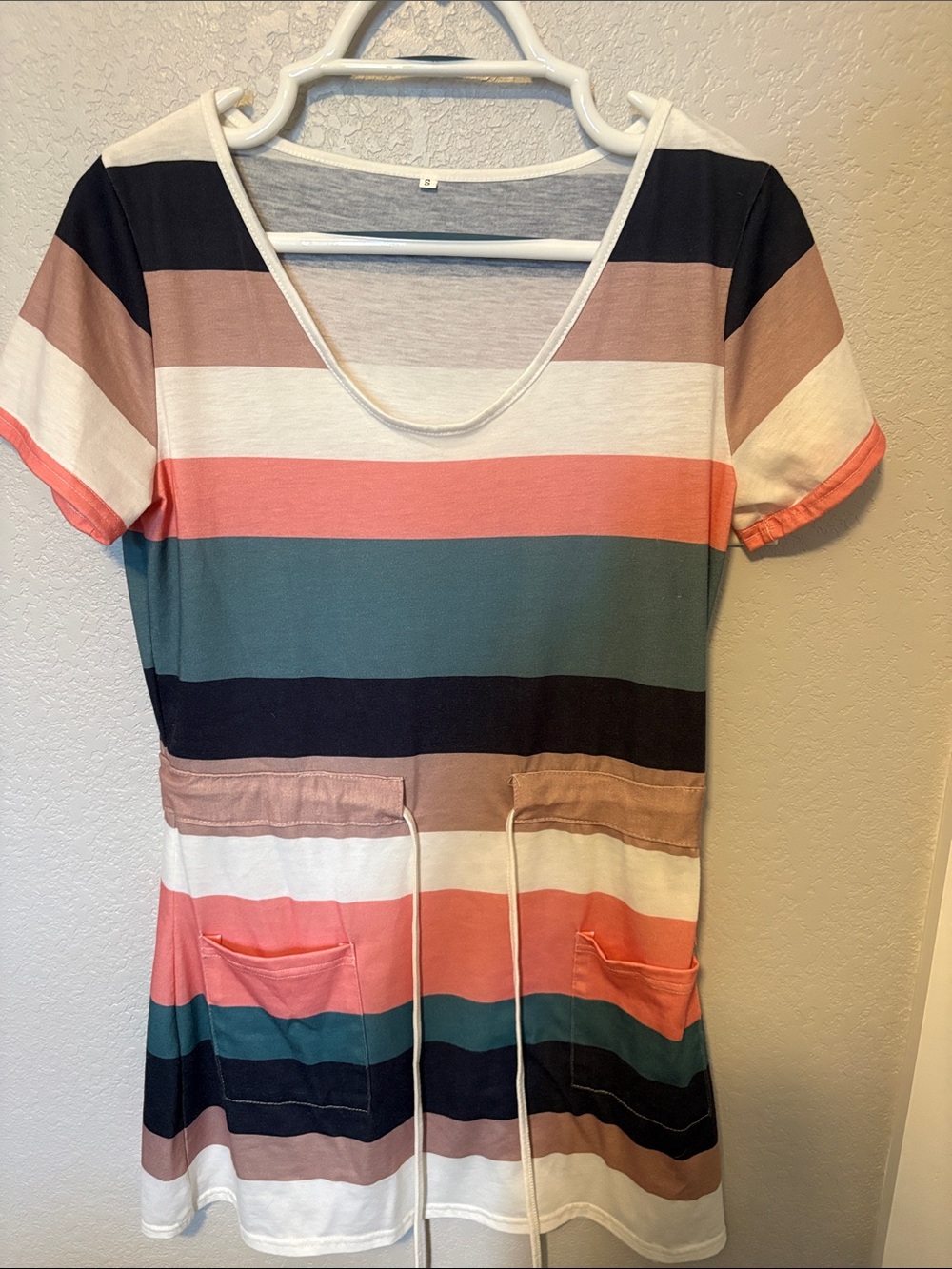 Striped Short-Sleeve Drawstring Tunic Top - Coral, Teal, Navy
